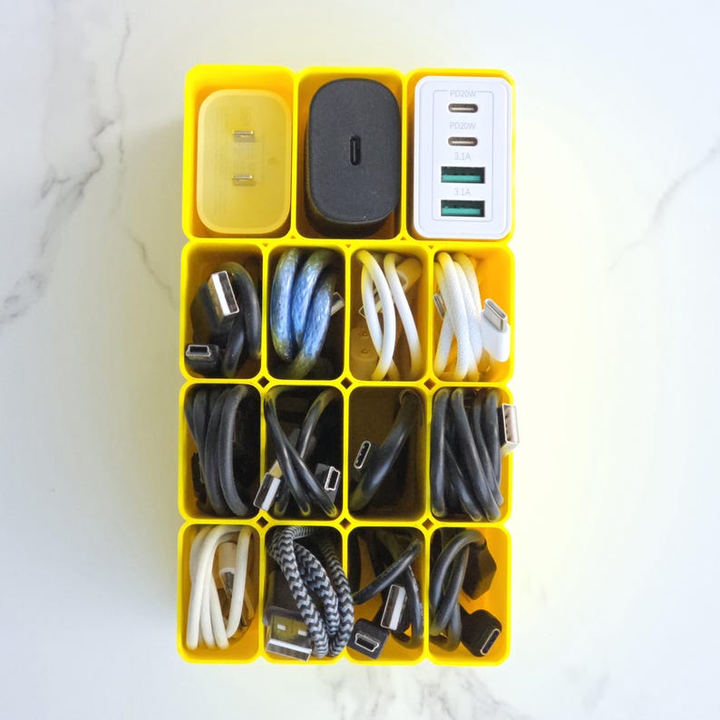 USB Cable Organizer Box | 15-Compartment Desktop Storage for Cables & Chargers